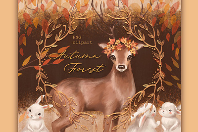 Autumn Forest clipart art branches clipart deer design design elements digital digital art digital illustration digital paint digital painting floral flowers forest graphic elements illustration painting rabbits seamless pattern wallpaper