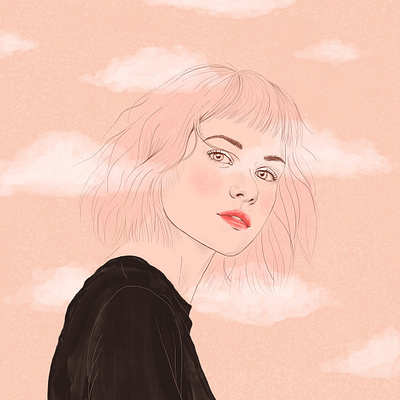 Head in the clouds art clouds digital art drawing dreamy girl illustration minimalist painting pink portrait woman