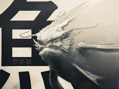 Inktober 2020 // 01 // Fish dark dither fish halftone illustration inktober inktober2020 ipad ipadtober ipadtober2020 japanese kanji monster photoshop procreate sketch