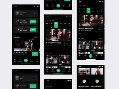 Workouts & Meditation App Design Animation animation coach dark mode dark theme diet exercise exploration fitnes fitnes app gym gym app healthy meditation mobile app sport training uidesign wellnes workout