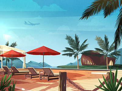 Summer mood architecture artwork illustration mountain ocean palm plane relax summer
