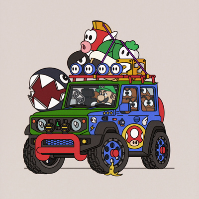 Mario Kamping adobe illustrator car fanart illustration japan jimny luigi mariokart mushroom nintendo suzuki vector