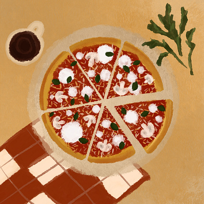 Evening of vegetarian pizza and coffee art branding coffee design dinner evening flat greens illustration italian lunch pizza vegan vegetarian