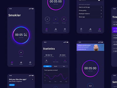 Smokler | Dark theme app app design circle concept creative design figma gradient illustration inspire mobile app mobile design react technology ternds timer ui ui trends ux ux ui