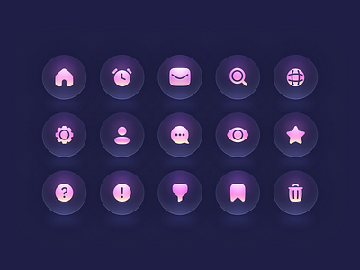 Glass icons set clock dark email essential filter glass home icon icons illustration illustrations purple search set settings star trash ui vector web