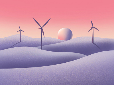 Calming Landscape 03 calm health hills illustration landscape open space sky sunset wellness wind turbine windmill