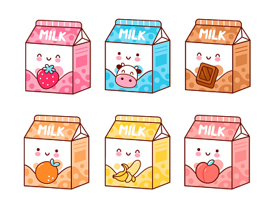 Kawaii flavored milk asian box cartoon character cocktail concept cute drink face flat flavors illustration japan kawaii korean line logo milk smile vector