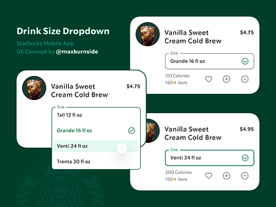 Starbucks Drink Size Dropdown - UX Concept android calories change checkout coffee cold brew concept context drink size dropdown improve ios mobile price process select simple starbucks update ux