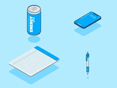 Office Essentials aluminum can desk desktop energy drink illustration ilustrator iphone isometric isometric illustration mechanical pencil notepad office office space pen pencil phone phone app