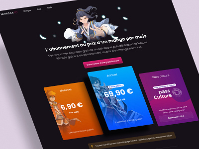 Manga reading app | Pricing page anime books dark ui design french manga pink pricing pricing page subscriptions web design