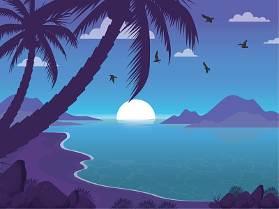 Evening Sunset adobe illustrator beach birds design evening flat illustraion illustration illustrator landscape mountains palm palmtree summer sunset surf ui vector