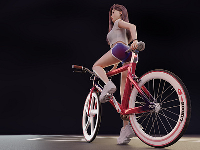 Cycling Girl Wide Angle Shot 3d bicycle blender character girl character illustration purple red render road bike