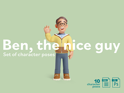 Pack of illustrations - Ben, the nice guy 3d 3d animation 3d artist 3d character animation character design graphic design illustration nft nft artist nice pack of poses png psd set of poses ui