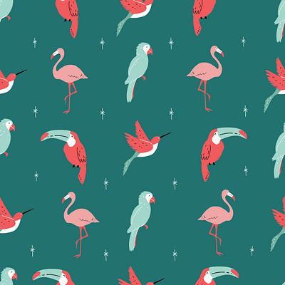 Green Tropical Birds Pattern ai birds design flamingo green illustraion illustration parrot pattern patterns pink red repeat repeating retro seamless stars tropical vector