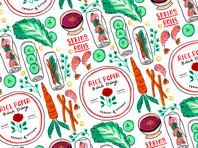 Vietnamese Spring Rolls food art food illustration food pattern gouache illustration illustration art illustration pattern painting pattern design repeat pattern spring rolls surface pattern vietnamese illustration