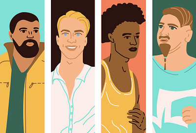 Group of 4 men, drawn in cartoon style, portrait. character characters design different flat human illustration man men people poster vector vector character