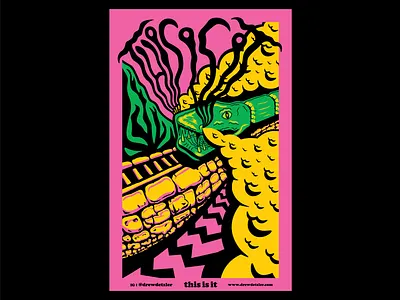 This Is It black clouds cobblestone green illustration mountain neon pink pop art poster poster design psychedelic art railroad smoke snake this is it train tshirtdesign yellow zigzag