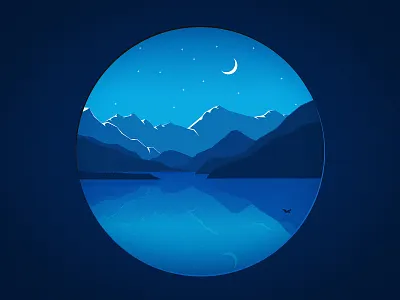 Blue Landscape bird blue branding hills illustration lake landscape melancholic melancholy midnight moon mountains night orb snow snow caps stars water