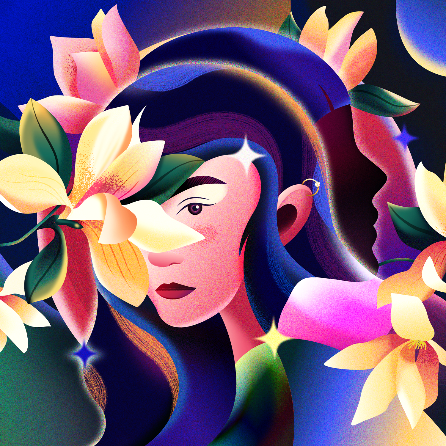 Blooming memories 80s blooming blue concept flowers illustration pink portrait retro texture