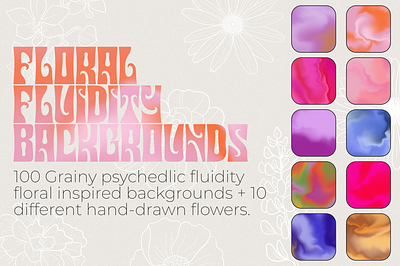 100x Floral Fluidity Backgrounds + 10 Different Floral Clipart 12x12 3600x3600 70s backgrounds floral flowers fluid fluidity grainy hippie illustrations psychedelic scrapbook tie dye trippy wallpaper