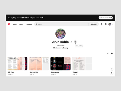 Pinterest profile page redesign 100daychallenge adobe adobexd flat pinterest redesign ui ux webdesign