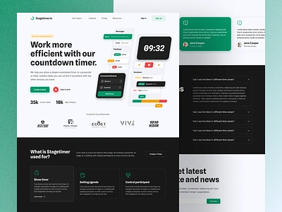 Stagetimer - Website Design agency agenda brand controler coundown countdown timer design green landing page product saas software timer ui website white