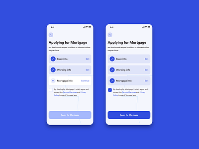 Applying for Mortgage applying back boxes buttons cards checkbox cta done info edit info info mobile mobile app mobile ui mortgage progress ui