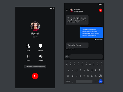 Accessible Calls - Transcription suggestion accessibility android app app design call clean dark design flat message minimal mobile mobile app mobile app design phone text tty ui uiux ux