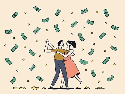 Dancing in the cash rain bank cash coins couple dancing drawing editorial hand drawn hero image illustration illustrator loan minimal money product illustration rain vector