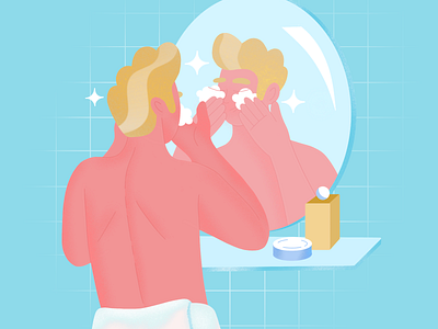 In the bathroom art bath bathroom blue character design flat grain illustration mirror shot texture