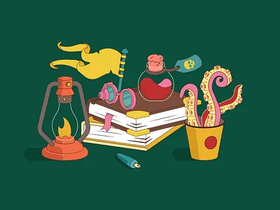 Still life with Cthulhu book books bottle bucket cork flag glass glasses illustration lamp pen poison shades still life still life stilllife tentacles