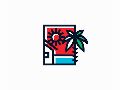 Beach House And Palm Tree Logo for Sale beach blue branding design emblem geometric house illustration lines logo mark ocean palm premium real estate sea tourism travel tree vector