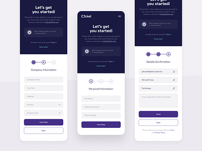3cket - Mobile Onboarding Form business design freelancer onboarding onboarding screen onboarding screens onboarding ui sign in sign up sign up form sign up page sign up screen sign up ui startup ui ui design web web design web designer website