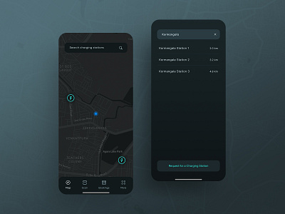 Spark - Map screen app app design booking app charging station dark mode dark ui design electric electric charging electric mobility electric vehicle electricindia interface map view minimal mobile mobility search ui design uiux