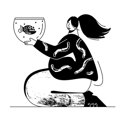 Woman with fish black and white character fish fishbowl flat girl illustration personal sitting vector woman