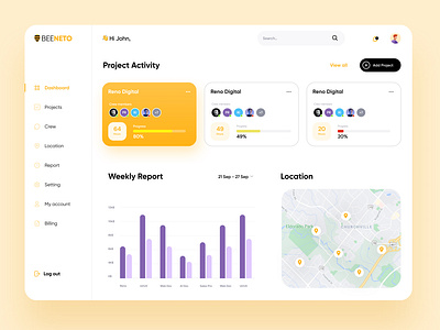 Project Activity Dashboard Design card daily ui dashboard design designs free grapgh illustration map minimal modern muudy project management sidebar tasks ui uiuxpo ux web dashboard yellow