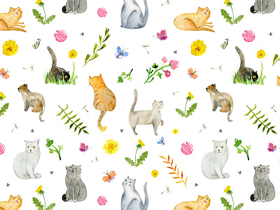 Meadow Cats cat cats childrens illustration illustration pattern pattern design pattern designer surface pattern surface pattern design watercolor watercolor illustration