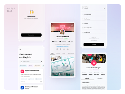 Daily UI 006 . 007 - User Profile +. Settings application challenge daily daily 100 challenge dailydesignchallenge dailyui dailyuichallenge day 6 day 7 design digital figma hired job application jobs mobile mobile app profile setting uidesign
