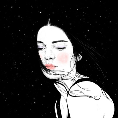 Stars art blackandwhite digital art drawing dreamy girl illustration night portrait sky stars woman