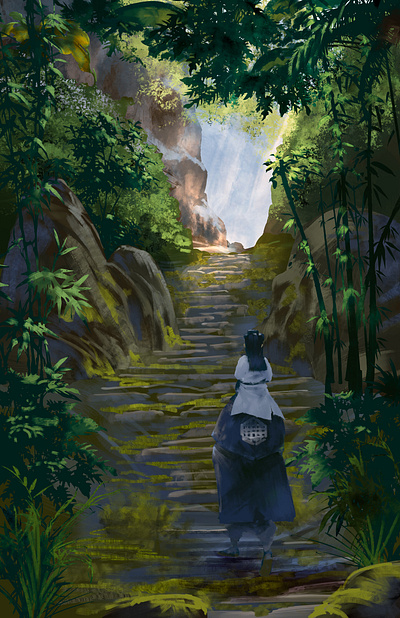 Concept art for Indie Commission bamboo bushes character day forest green leaves light mold mountain path rock steps storytelling sunny trees tropical