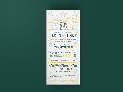 Jason & Jenny dinosaur illustration invitation linework madison space wedding wisconsin