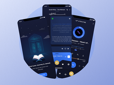 Dark theme Islamic Quran App Design UI UX app creative design design art designer islam islamic mobile mobile app mobile app deesign mobile app design mobile dark theme music quran ui ux