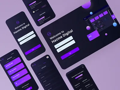 Dark theme Mobile and Web App Design for HaZme Digital colorful creative creative designs dark theme design design art designer marketing project management purple trading ui ux web app design