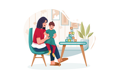 Cute little girl with young nanny at table, indoors boy character childhood children daycare drawing family girl illustration motherhood nursery person sister sitter sitting son toddler toy toys vector