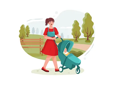 Teen nanny with cute baby in stroller playing in park boy character childhood children daycare drawing family girl illustration motherhood nursery person sister sitter sitting son toddler toy toys vector