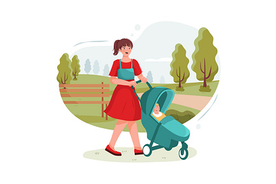 Teen nanny with cute baby in stroller playing in park boy character childhood children daycare drawing family girl illustration motherhood nursery person sister sitter sitting son toddler toy toys vector