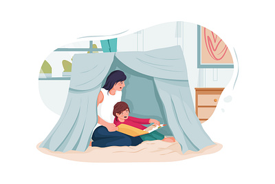 Nanny and little children reading book in tent at home boy character childhood children daycare drawing family girl illustration motherhood nursery person sister sitter sitting son toddler toy toys vector