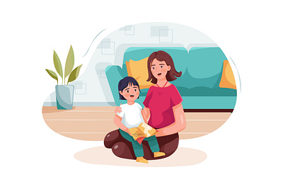 Babysitter embracing little girl reading fairy tale to kid. boy character childhood children daycare drawing family girl illustration motherhood nursery person sister sitter sitting son toddler toy toys vector