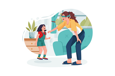 Young babysitter nanny playing funny game with kid girl at home boy character childhood children daycare drawing family girl illustration motherhood nursery person sister sitter sitting son toddler toy toys vector