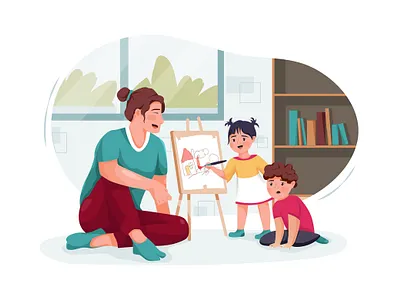 Nanny with cute little children playing and drawing at home boy character childhood children daycare drawing family girl illustration motherhood nursery person sister sitter sitting son toddler toy toys vector
